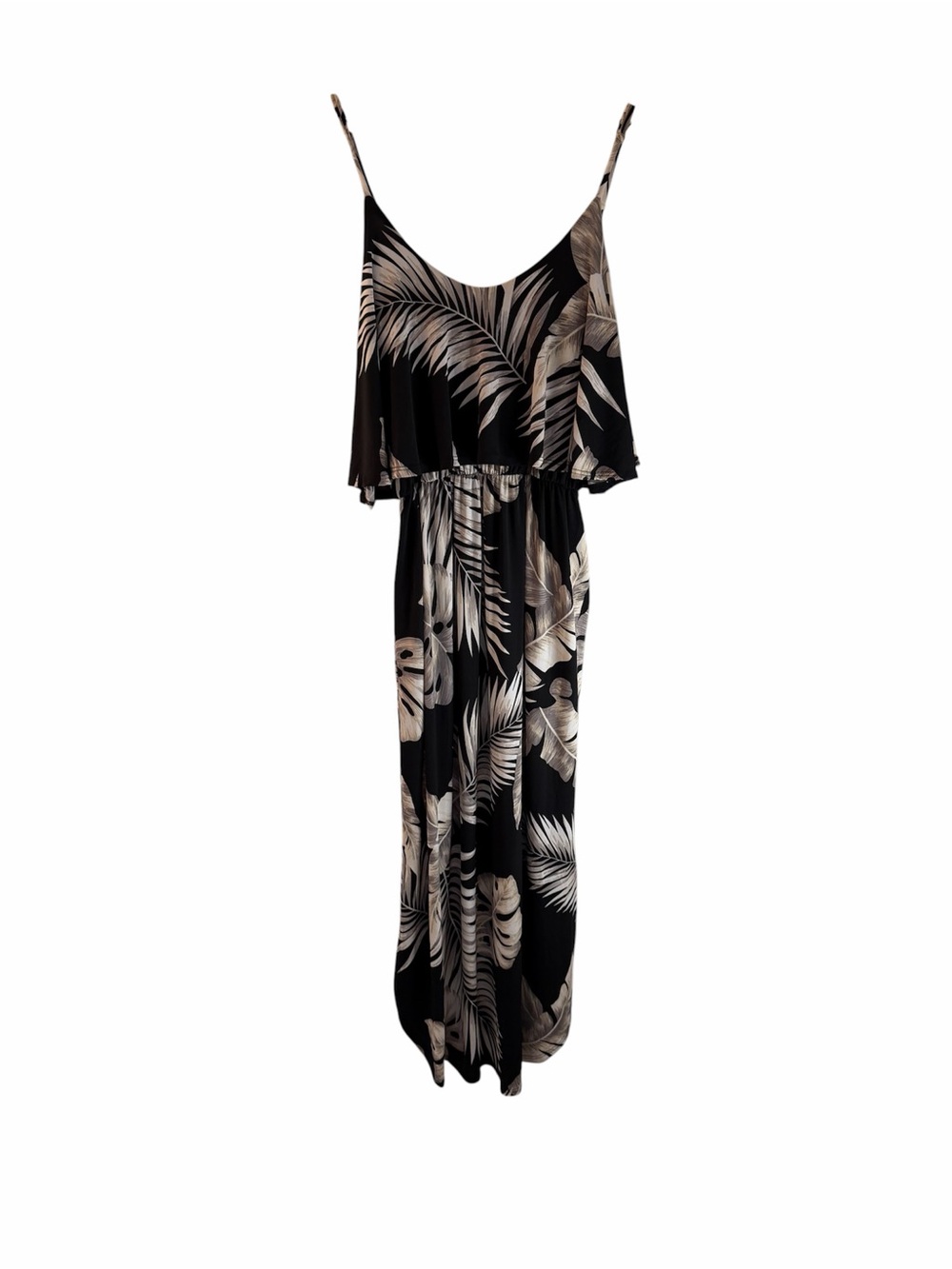 Black Tropical Print Maxi Dress with Beige Palm Leaves